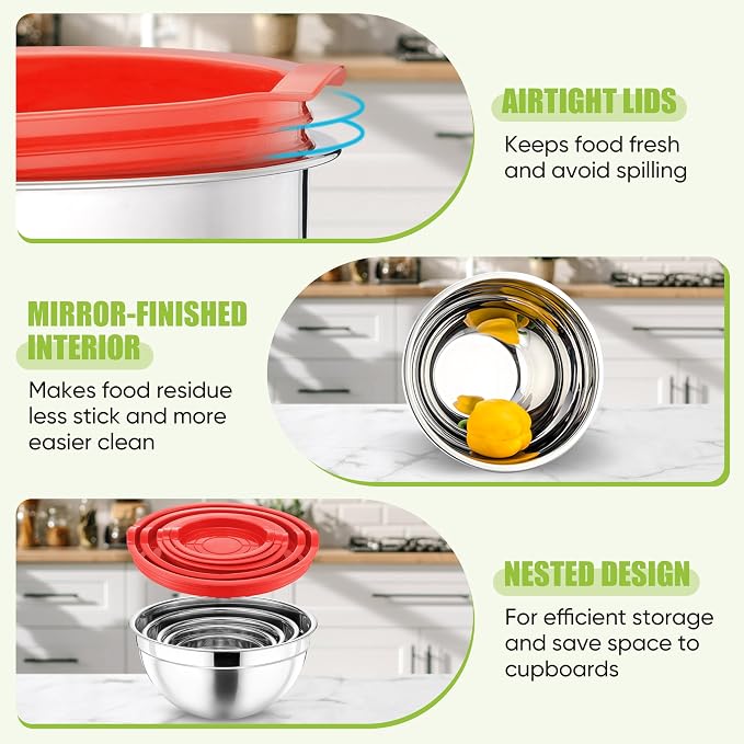 P&P CHEF Metal Mixing Bowls with Lids Set, Airtight Lids & Red | 5 PCS Stainless Steel Mixing Nesting Bowls for Kitchen Prepping, Storing, Healthy & Easy Clean, Size 4.6, 3, 1.5, 1, 0.7 QT
