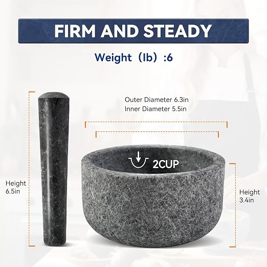 Granite Mortar and Pestle Set, 6.3"-2 Cups Unpolishesd Stone Grinder Bowl for Guacamole, Salsa, Pill Crusher, Spice, Herb, Garlic, Nut, Heavy Duty Grinder for Kitchen(Angola Silver Black)