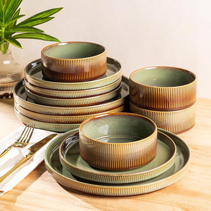 Ceramic Dinnerware Set for 4, 12-Piece Plates and Bowls Set | Lightweight Porcelain Dish Set, Scratch Resistant, Oven & Microwave & Dishwasher Safe, Sage Umber
