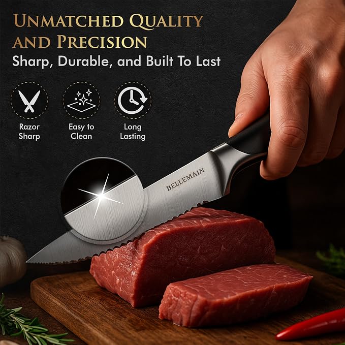Bellemain Steak Knife Set of 8, Serrated Stainless Steel, Dishwasher Safe | Ergonomic Handle Design, Rust-Resistant Blades, Precision Serrated Edges, Enhanced Dining Experience at Home & Restaurants