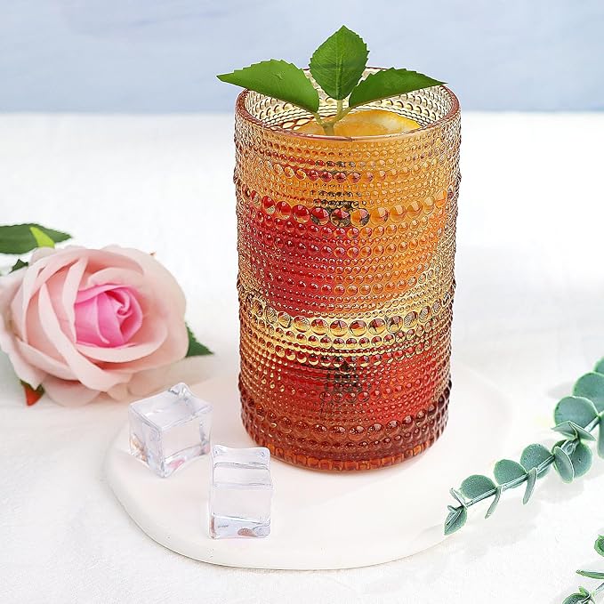 Hobnail-Drinking Glasses 13oz Vintage Glassware Sets Cocktail Juice Glasses Set of 6, Amber