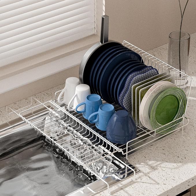 Dish Drying Rack Stainless Steel Expandable Large | Dish Drainer for Kitchen Counter with Stainless Drain Board Rustproof Collapsible Space Saving