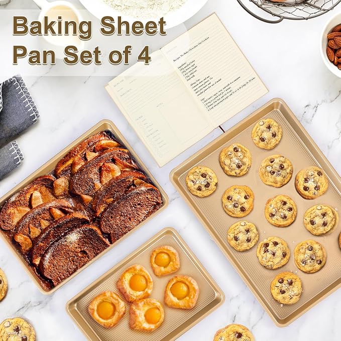 4 Piece Baking Set | 3 Baking Sheets & 1 Recipe Notebook | Nonstick Cookie Sheets for Baking Supplies | No Rust & No Toxic | Half Pan & Jelly Roll Pan & Quarter Sheet & Blank Recipe Book Combo