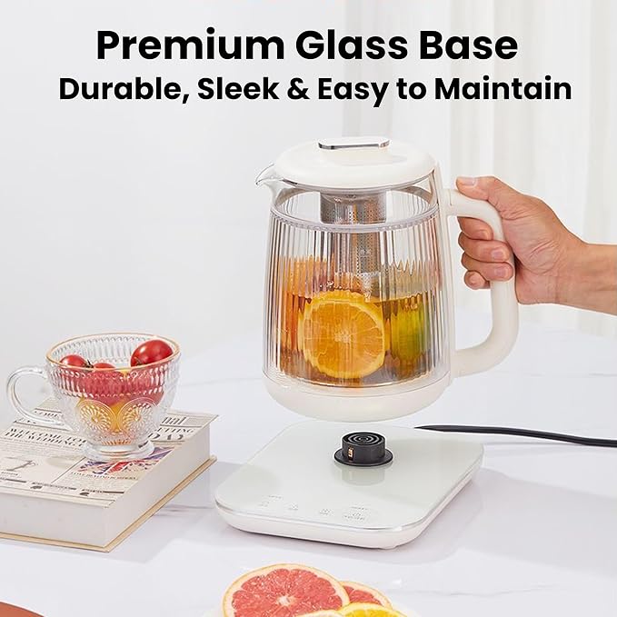 Double-Layer Electric Kettle1.5L with Stew Pot,Glass Health Pot, 9-in-1 Glass Tea Maker, Programmable Touch Panel, Stainless Steel Base for Soup, Porridge, Herbal Tea