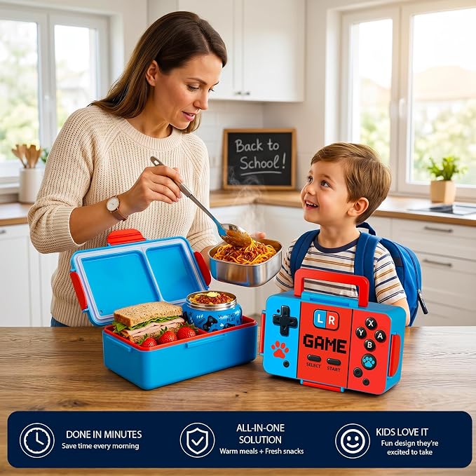 Bento Lunch Box for Kids– Game Console Design with 12oz Insulated Stainless Steel Soup Jar and Built-in Ice Pack, 3-Compartment Leak-Proof Kids Bento Box for Boys Girls School Travel