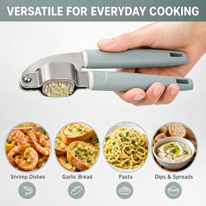 Garlic Press Stainless Steel, Easy-Squeeze Garlic Mincer with Ergonomic Handle, No Need to Peel, Large Capacity Crusher, Heavy Duty, Rustproof & Dishwasher Safe