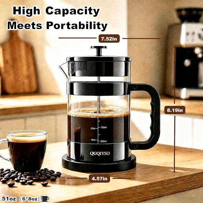 QUQIYSO French Press Coffee Maker 51oz, Large French Press, Thickened Glass | Borosilicate Glass Plastic Free Coffee Maker, Easy to Clean,4 Filter, Coffee Press Suitable for Kitchen Party(Dark Pewter)