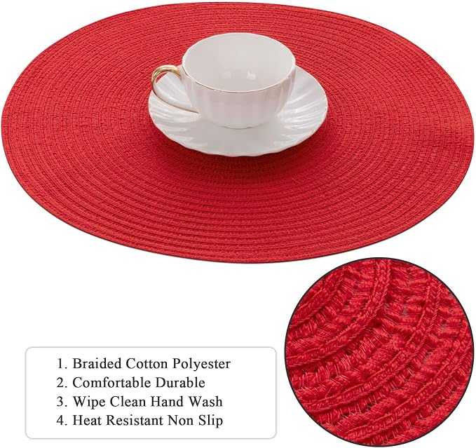 SHACOS 15 inch Round Placemats Set of 6 Braided Non Slip Washable Place Mats for Dining Tables Kitchen Table Mats Home Wedding Party Decor (Red, 6)