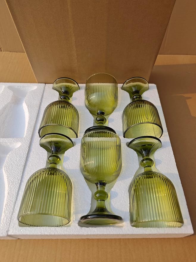 Vintage Green Wine Glasses Set of 6, 14 oz Green Goblets Glassware Drinking Glasses, Colored Glassware Wine Glasses for Beer, Water, Cocktail, Juice, Whiskey, Wedding Party Bar