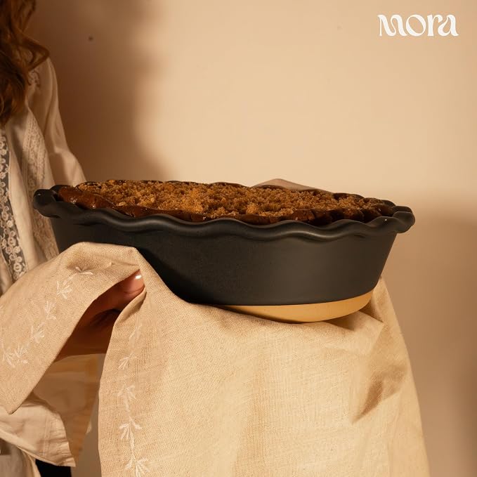 MORA Ceramic Pie Pan for Baking - 9 inch - Deep and Fluted Pie Dish for Old Fashion Apple Pie, Quiche, Pot Pies, Tart, etc - Modern Farmhouse Style Porcelain Ceramic Pie Plate - Liquorice