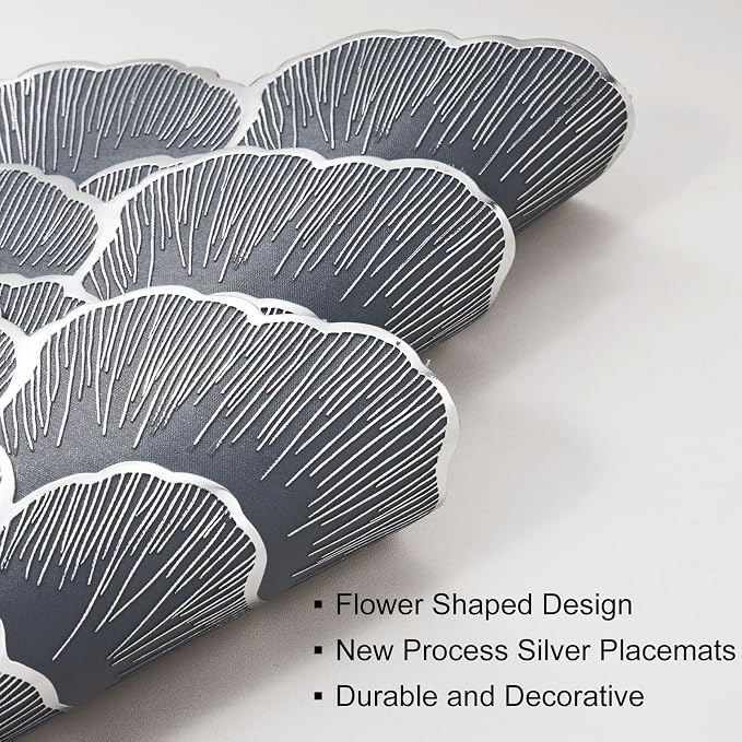 Silver Placemats Set of 6 15 Inch Metallic Pressed Vinyl Flower Place Mats | Non Slip Washable Waterproof PVC DiningTable Mats for Home Kitchen Dinner Party Table Wedding Decoration