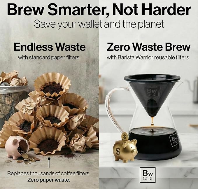 Barista Warrior Reusable Coffee Filter - Stainless Steel Pour Over Dripper, Compatible for Chemex, Hario V60 & Drippers, Easy to Clean Flavorful Brew Fine Mesh Coffee Filter - Black Titanium