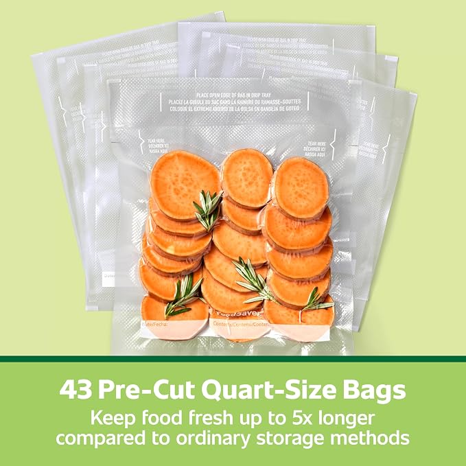 FoodSaver Quart Pre-Cut Vacuum Seal and Easy Use Storage Bags, Align to Seal and Tear to Open Vacuum Sealer Storage, Quart (43 Bags) (Pack of 4)
