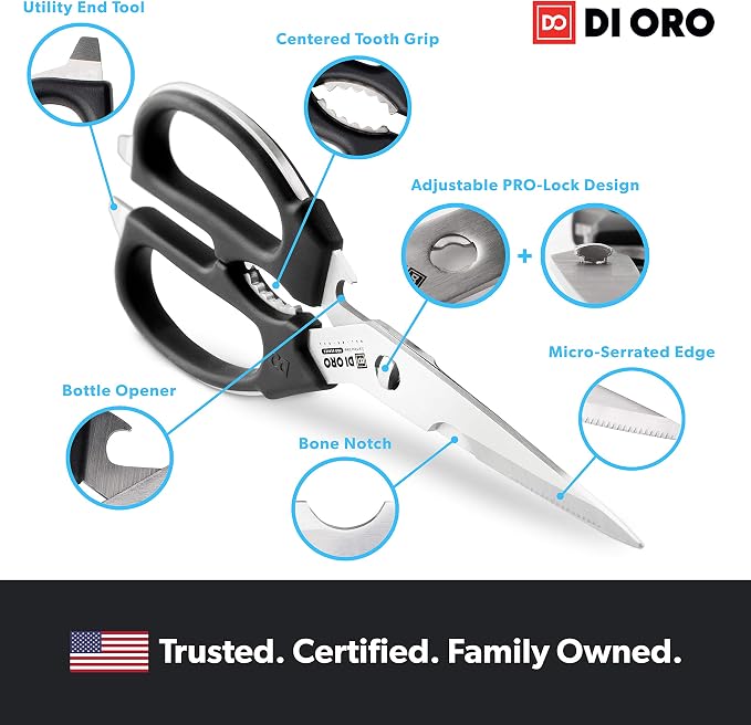 DI ORO Kitchen Shears - Heavy-Duty Stainless Steel Scissors | Cuts poultry, herbs, meat, and packaging; Comes apart for a full dishwasher clean; Micro-serrated blades grip and hold