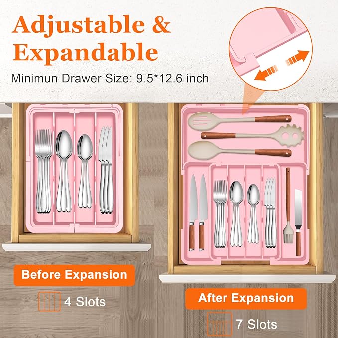Silverware Organizer - Expandable Silverware Drawer Organizer, Adjustable Drawer Organizer, Silverware Tray for Drawer 15.2"x 19" Utensil Drawer Organizer, Kitchen Organizers Storage, Pink