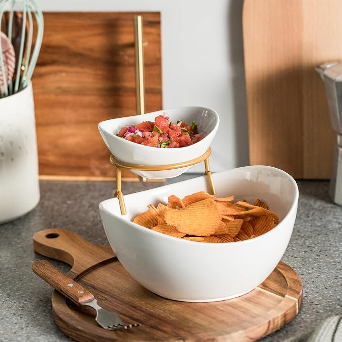 YHOSSEUN Chip and Dip Serving Set 2 Tiered Chip Dip Bowls with Metal Rack | Large Chip Bowl 45 oz for Appetizer, Snacks, Small Dip Bowl 7 oz for Sauce, Serving Bowls for Party, Food Dispaly, Gold Stand