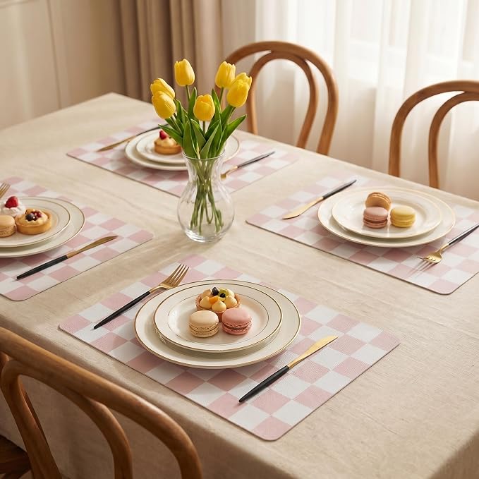 Set of 6 Checkerboard Non-Slip Washable Placemats for Dining Table | Waterproof & Heat-Resistant Faux Leather Mats | Easy Wipe Clean Tablemats for Indoor Dining, 17’’×12’’, Pink