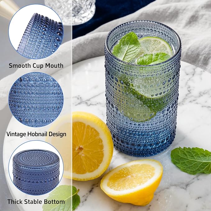 Hobnail Drinking Glasses Set of 12 Kitchen Glass Cups Glassware, Blue | 12 oz Highball Glasses & 10 oz Cocktail Glasses, Clear Embossed Glassware Set for Beer, Juice, Cocktail, Whiskey, Milk