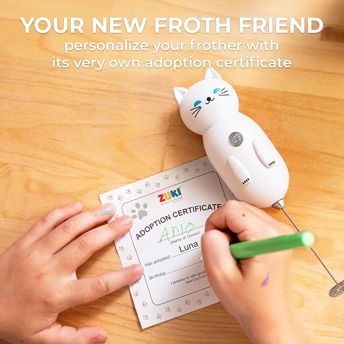 Zulay Kitchen Cat Milk Frother Wand – Cutesy Frother, Meet Your New Frothing Buddy Luna The Cat, Adoption Papers and Stickers Included, Purrr-fect for Lattes, Cappuccino & Matcha – White