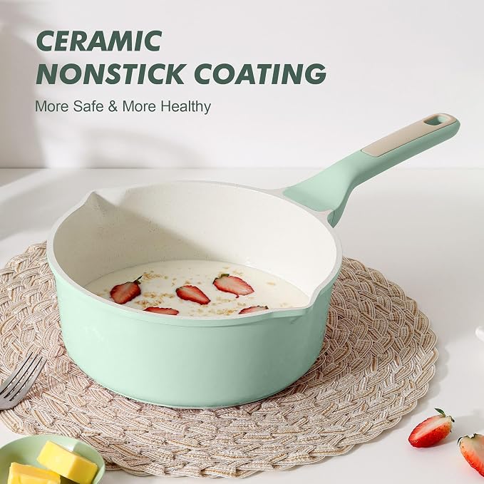 SENSARTE Ceramic Nonstick Saucepan with Double Pouring Spout, 3QT, Green | Cooking Pot with Stay Cool Handle, Induction Compatible, Ceramic Coating, PFOA/PFAS/PTFE Free