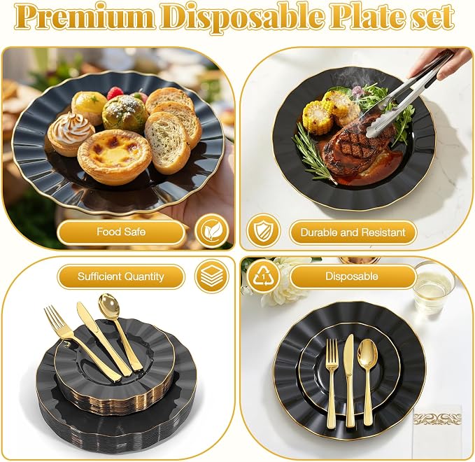 Glowserve 175 Piece Disposable Plastic Plates Dinnerware Set for 25 Guests | 50 Plastic Plates,25 Silverware Set,25 Cups and Napkins,Wedding Birthday,Family Party,Fancy Plastic Plates