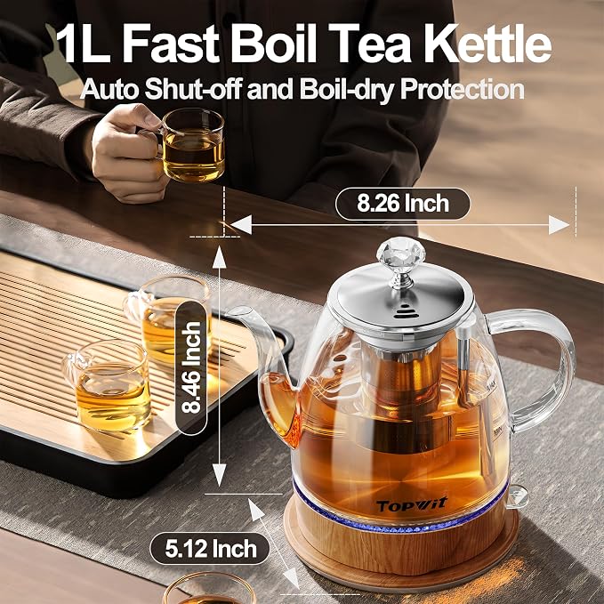 Topwit 1L Glass Electric Kettle, Gooseneck Electric Tea Kettle, BPA-free | Removable Stainless Steel Tea Infuser, Auto-Shut Off, Boil-Dry Protection, Dual-Purpose For Hot Water, Tea & Coffee, Wood