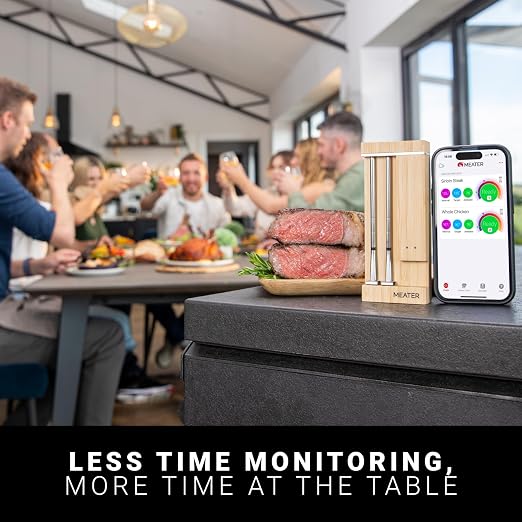 MEATER Pro Duo WiFi & Bluetooth Thermometer, 2-Probe, 1000°F, 6 Sensors | 1000°F heat resistance, long range, six sensors. Bamboo charger. For BBQ, oven, grill, smoker, air fryer, deep fryer.