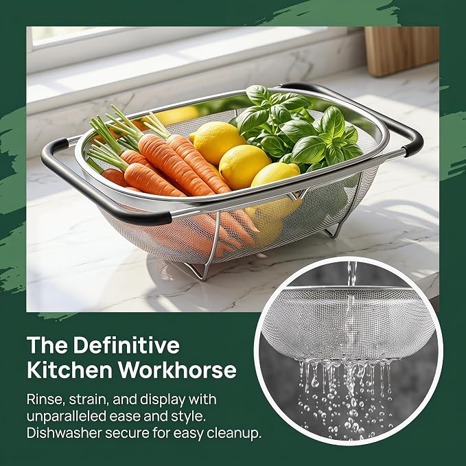 2 Pack Over the Sink Oval Colander for Kitchen, Stainless Steel Fine Mesh 6 Quart Strainer Basket with Expandable Rubber Grip Handles for Straining, Draining, Rinsing Fruits, Vegetables
