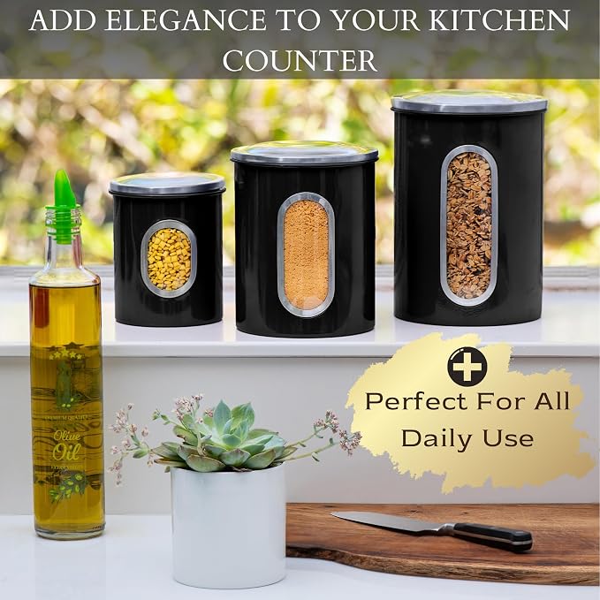 Mixpresso 3-Pcs Black Canisters Set for Kitchen Storage Airtight Jars | See-through window, coffee container, tea organizer, sugar canister, 3 nesting sizes, counter decor, easy press-on lids