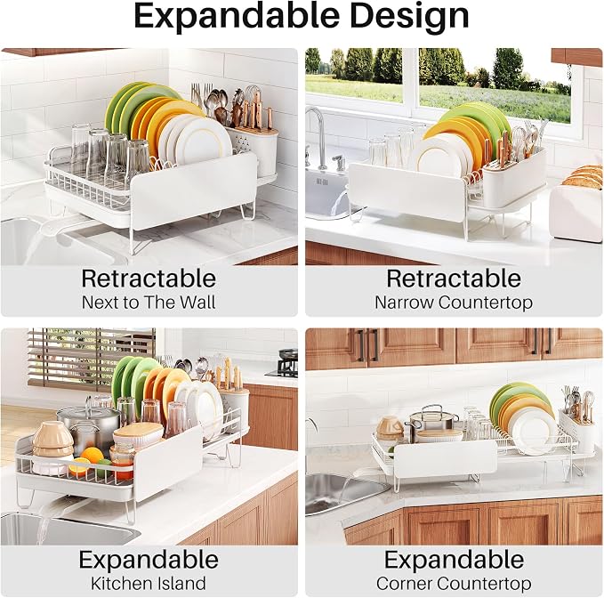 SNTD Large Dish Drying Rack for Kitchen Counter, Expandable, White | Stainless Steel Dish Drainer, Adjustable Length 18.9''-29.3'', Automatic Drainage, 360° Spout, Cutlery Holder with Knife Slot