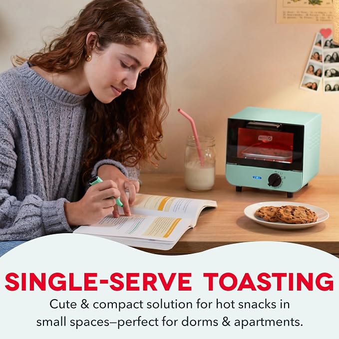 Dash Mini Toaster Oven | Small Toaster Oven for Dorms, Apartments, & Small Kitchens, Adjustable Timer Dial with Auto Shutoff, Removable Cooking Tray & Crumb Catch, Aqua
