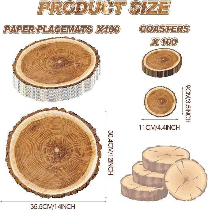 Geosar 200 Disposable Paper Placemats and Coasters Set Rustic Round Placemat with Coasters Farmhouse Table Decor for Greenery Jungle Dining Camping Backyard BBQ Birthday Woodland Wedding(Wood Grain)