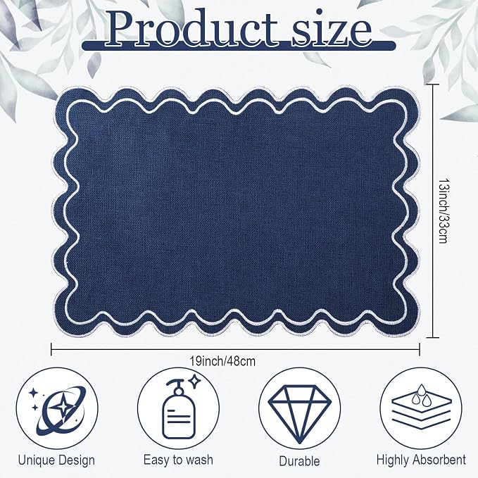Linen Placemats Set of 12 Scalloped Placemat 13 X19 Wavy Embroidery Double Layered Washable Farmhouse Dinner Fabric Table Mat Napkin for Wedding Party Restaurant(Regular,Navy Blue)
