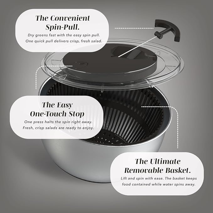 COOK WITH COLOR Stainless Steel Salad Spinner - 5 Qt. Lettuce Washer And Vegetable Spinner Dryer for Easy Salad Prep - Non Slip Base with Pull Handle - Auto Stop Brake System, Stain and Odor Resistant