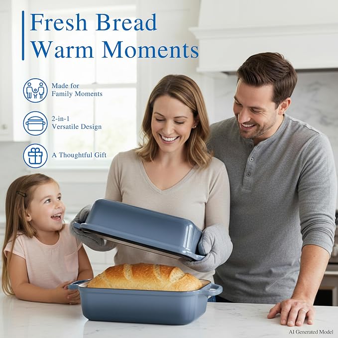 11x5 Inch Cast Iron Loaf Pan with Lid, Sourdough Bread Baking | Large Loaf Pans for Baking Bread, Even Heat Distribution Dutch Oven Bread Pan for Homemade Bread, Meatloaf (5.8Qt, Seasalt)