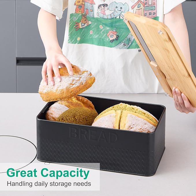 kiplant Black Bread Box for Kitchen Countertop, Large Bread Storage Container with Bamboo Lid, Iron Farmhouse Bread Box for Your House
