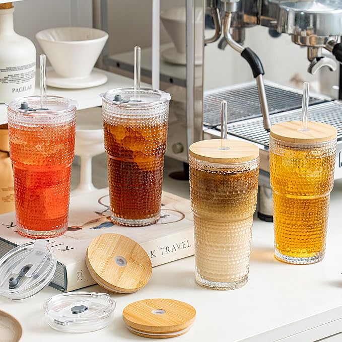 SoulTimes 20oz Hobnail Glass Tumbler with Bamboo Lids and Straws - Iced Coffee Glass Cups for Smoothie, Matcha, Juice, Water etc. Leakproof and Reusable Glassware Drinking for Travel To Go [4 Pcs]