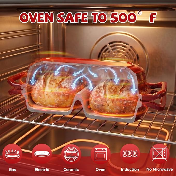 Double Dutch Oven Pot with Lid, 2.2QT Enameled Cast Iron Bread Loaf Pan, Mini Dutch Oven For Sourdough Bread Baking, 500°F Oven Safe Non Stick Dual Round Bread Pan, Bread Oven, 16.5cm Diameter, Red