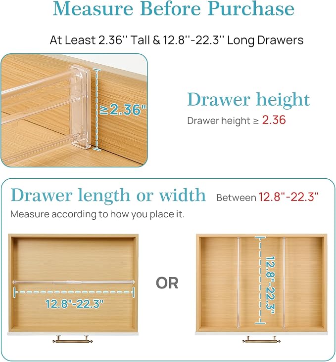 Vtopmart 2.36" Drawer Dividers with Expandable Inserts, 12.8"-22.3", 8 Pack | Adjustable Kitchen Drawer Organizer, Clear Organizer Separator for Flatware, Utensil, Cutlery, 8 Dividers with 14 Inserts