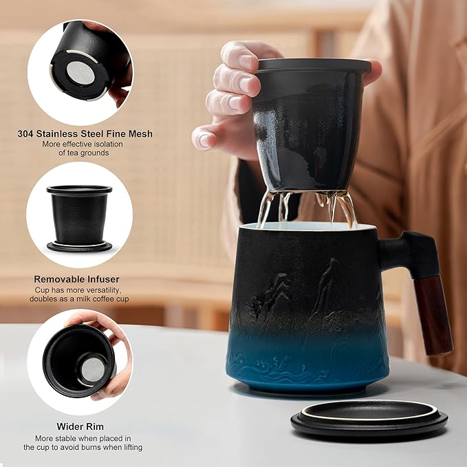 suyika Ceramic Tea Cup with Infuser and Lid, Matte Black 15.2 oz / 450 ml | Gradient Embossed, Large Tea Mug, Wooden Handle