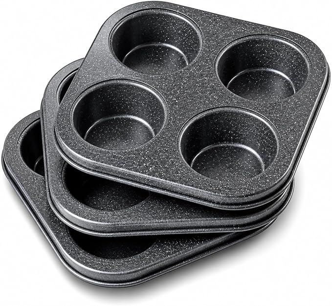 4-Cup Muffin Pan, Air Fryer Toaster Oven Muffin Tin Total 12 Cups | Nonstick Granite Coating Carbon Steel Cupcake Pan Set, Easy Release, Nests Flat for Storage, 3-Pack Muffin Baking Pan