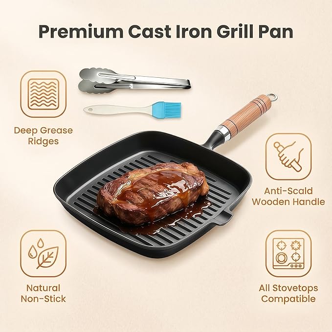 Cast Iron Grill Pan, 8.6" Griddle Pan Skillet with Pour Spout for Searing Steak