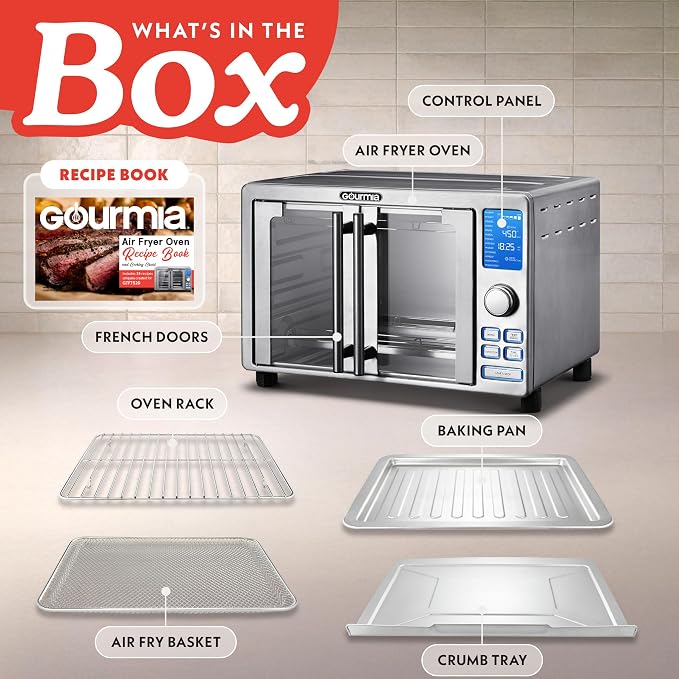 Gourmia Air Fryer French Door Toaster Oven - 6-Slice Capacity, LED Display with 14 Cooking Presets, Stainless Steel
