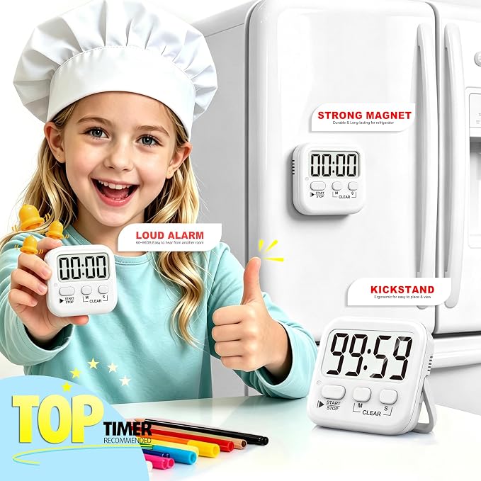 2 Pack Digital Timer for Kids Classroom Kitchen Timers for Cooking | w/ Battery, Easy to View, Alarm, Mute Mode, Count Down/Up, Magnetic, Kickstand, Hanging, Classroom Timer for Teacher Supplies