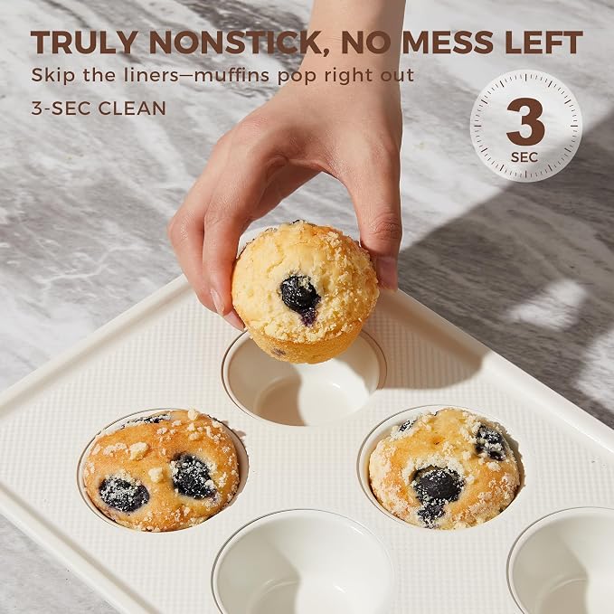 2 Pack Nonstick Ceramic Muffin Pan, 6 Cup Muffin tin for Baking, Non-toxic Cupcake Pan, Heavy-duty Aluminized Steel Cupcake Tray with Diamond Texture, Easy To Clean (Cream, 2PCS)