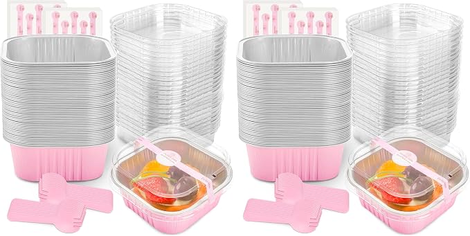 NPLUX 50 Pcs Mini Square Baking Cups with Lids and Spoons Aluminum Foil Mini Cake Pans with Lids Disposable Ramekins Cake Pans Dessert Cups for Wedding Birthday Party(Pink,10oz) (Pack of 2)