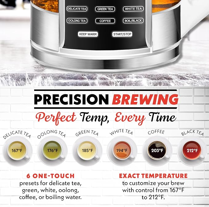 Gourmia Electric Glass Kettle – 1.7L Programmable Tea & Coffee Brewer with Digital Touch Display, 6 Presets, Removable Stainless Steel Infuser, Cordless with 360° Swivel Base, White
