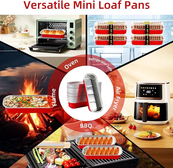 Mini Loaf Pans with Lids and Spoons Sealing Sticker,6.8oz Cake Pans for Baking Disposable Aluminum Foil Pink/Red cake pan (30, 30 Pack Red)
