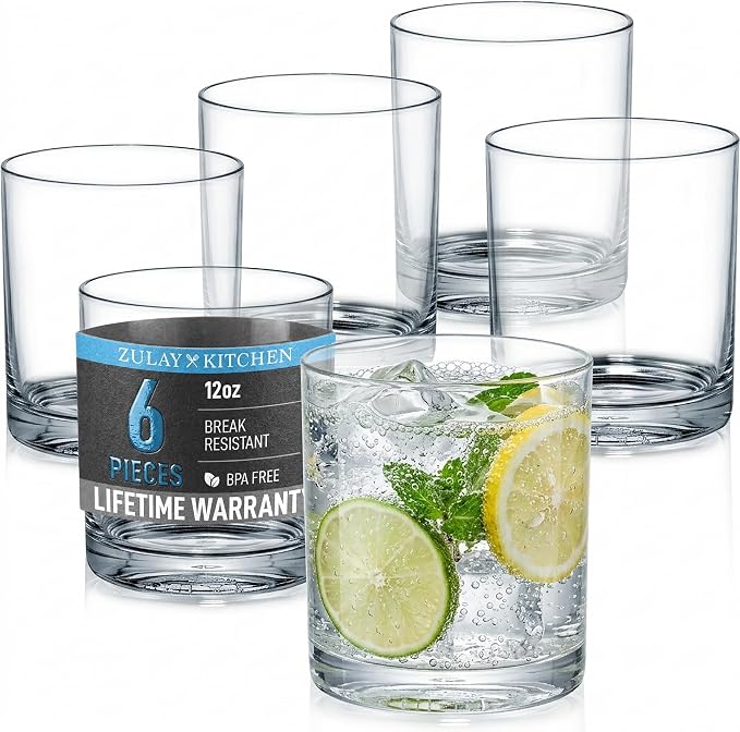 Zulay Kitchen Plastic Drinking Glasses (Set of 6) – 12oz Rocks Acrylic Shatterproof Cups for Home, Kitchen & Outdoors – Crystal Clear Glass Look – BPA & Lead-Free – Top-Rack Dishwasher Safe