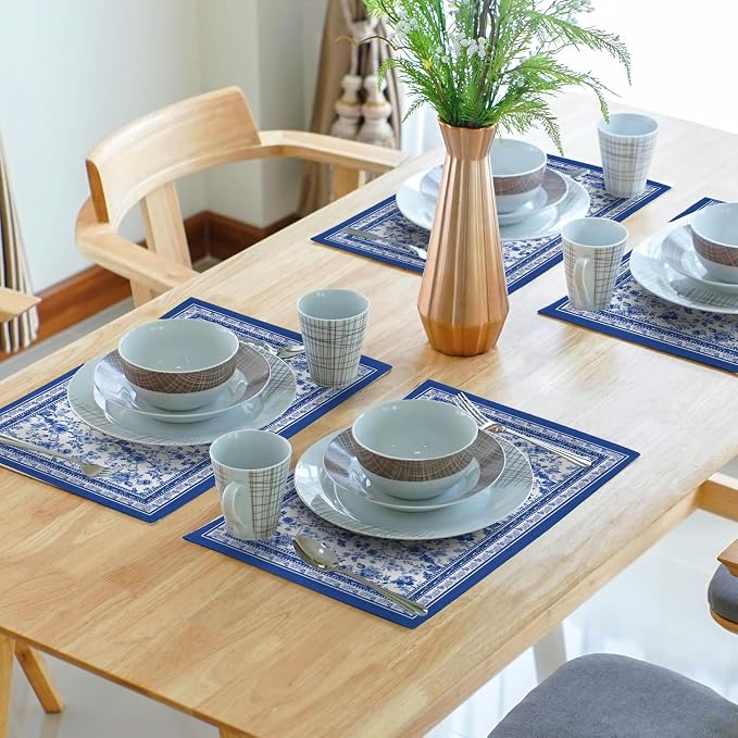 Blue Floral Branches Placemats Set of 4 ，12 x 18 Inch Chinoiserie Table Mats Washable Heat Resistant Linen Fabric Rectangle Place Mat for Indoor Outdoor Kitchen Dining Home Decor